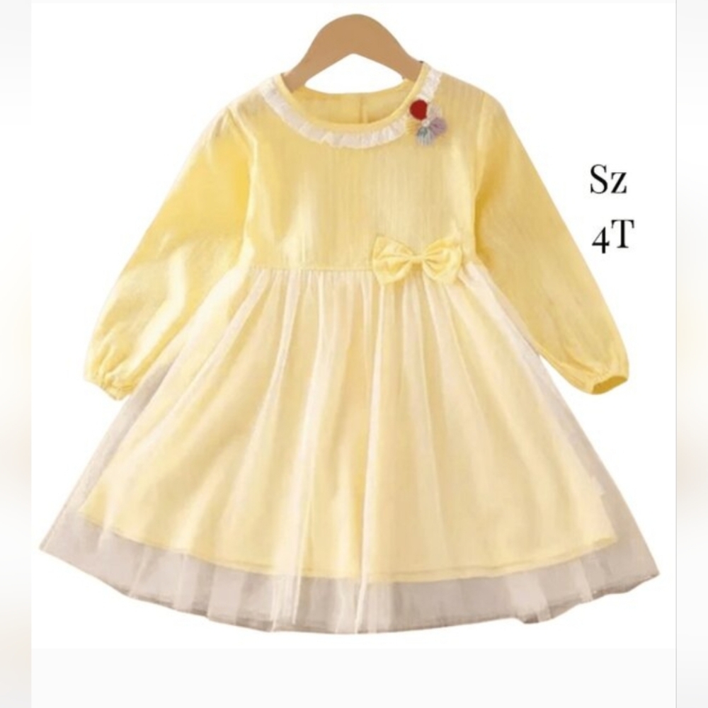 Yellow Dress, Girl Easter Sz 4T, Tulle Overlay, Long Sleeve, Eyelet Pearl Flower - Picture 8 of 8